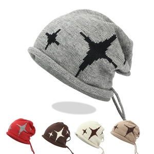Star Pattern Slouchy Beanie Knitted Warm Hat With Drawstring Y2K Streetwear For Women