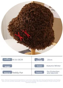 Tableau des tailles pour bonnet en peluche marron avec rabats et nœuds rouges