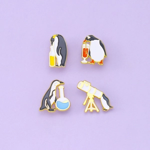 Set of four cute penguin enamel pins featuring telescope and drinks on purple background