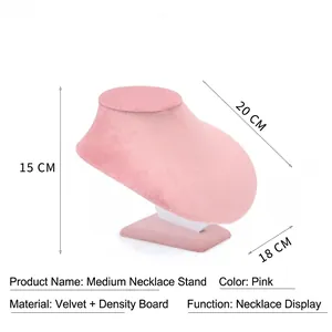 Pink velvet portrait necklace display stand with detailed dimensions 15x20x18cm