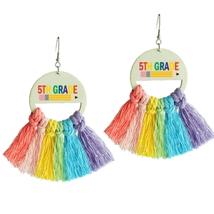 5th Grade rainbow tassel earrings with wooden charm and colorful cotton fringes