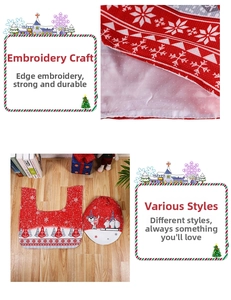 Detailed view of Christmas toilet cover and U-shaped rug with embroidery and non-slip backing