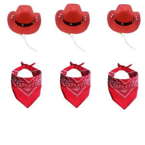 Three red western cowboy hats with matching paisley bandanas set for small pets