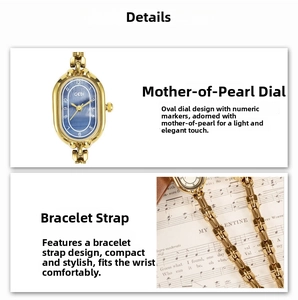 Macro detail of oval gold watch with mother-of-pearl dial and jewelry chain bracelet