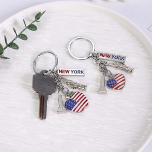 New York souvenir keychain set with Statue of Liberty and American flag on white plate