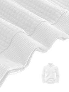 Macro detail of men's white polo waffle knit sweater with textured cuffs and fabric