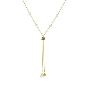 Gold plated stainless steel tassel necklace with pearls and diamond circle pendant