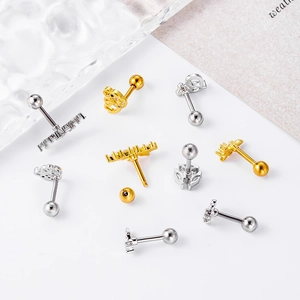 Stainless steel helix earrings with animal and geometric shapes and cubic zirconia