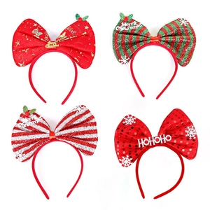 Christmas Bow Headband Sequins Polyester Plastic Snowflake HoHoHo Decorative Hair Accessory For Xmas Holiday Red Green