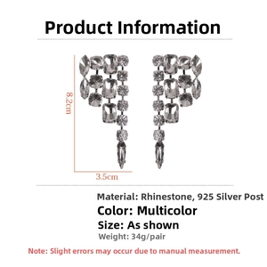Detail showing oversized rhinestone tassel earrings with 925 silver needles and dimensions