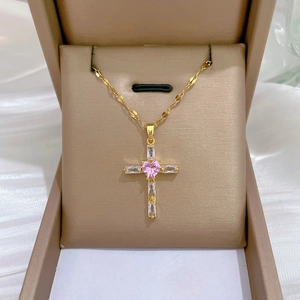 Cross Pendant Necklace Stainless Steel Copper Pink Heart Zircon Baguette Stones Elegant Jewelry For Women