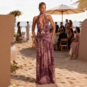 Elegant purple leopard print maxi dress with deep V-neck and gold butterfly buckle