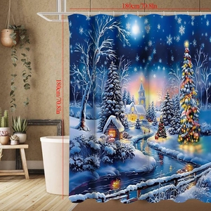 Christmas shower curtain featuring a winter snow scene and cottage at 180cm size
