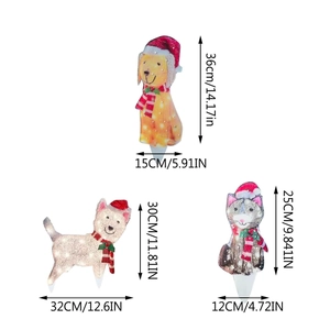 Detailed size dimensions for glowing Christmas garden stakes featuring dogs and cats