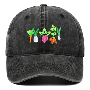 Washed charcoal grey baseball cap featuring colorful vegetable embroidery on front