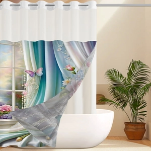 Detail of waterproof polyester shower curtain with floral print and rustproof metal eyelets