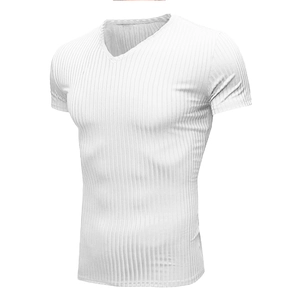 Detail of white V-neck men's slim fit T-shirt in premium ribbed knit fabric texture