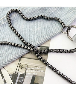 Detail of gunmetal box chain strap with large round carabiner clasp for handbag