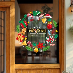 Christmas Wreath Window Sticker Static Cling PVC Reversible Festive Decor Gingerbread Man Bell For Shop Home Display