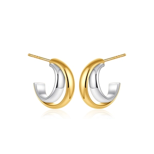 Polished two-tone 18k gold and silver C-shape double layered hoop earrings for women