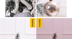 Mini tabletop flocked Christmas tree with ornaments shown in day and night lighting views