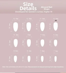 Almond shape press-on nails size chart with 24 pieces in 12 different dimensions