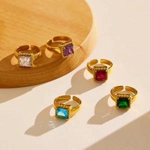 Adjustable open rings in stainless steel with colorful square zircon stones and gold finish