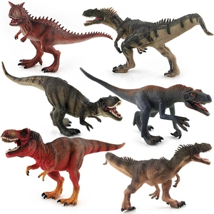 Realistic solid dinosaur model set featuring 6 species including Allosaurus and Carnotaurus