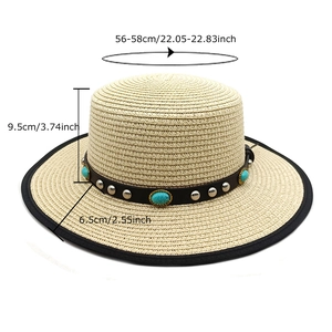 Flat top straw sun hat with turquoise leather band and product dimension specifications