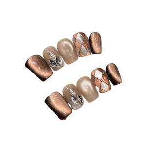 Cat eye and diamond plaid handmade press-on nails set with 10 pieces and rhinestones