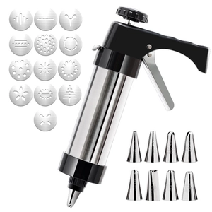 Stainless steel cookie press set with 13 design discs and 8 icing tips for home baking