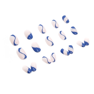 Blue and white wave stripe round press-on nails with minimalist French tip design