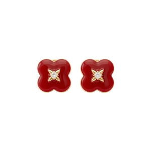 Vintage style red flower earrings with gold trim and white crystal center stones