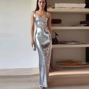 Sexy Sequin Maxi Dress Backless Spaghetti Straps Slim Fit Evening Party Long Gown For Women Elegant Shiny