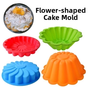Detail of four-piece colorful silicone flower cake molds with various swirl patterns