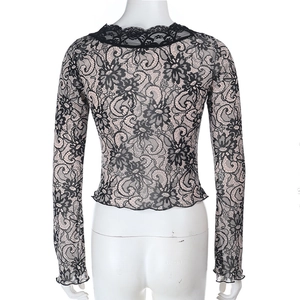 Detail view of the floral lace texture and back design of this black long sleeve top