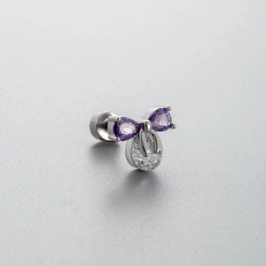 Silver titanium steel bow stud earring with purple and white zircon crystals