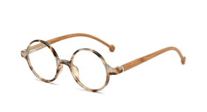 Detail of retro round tortoiseshell frames with natural wood temples and metal rivets