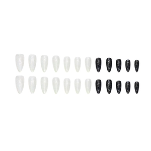 Almond press-on nails set with sparkling black and white glitter finish in 24 pieces