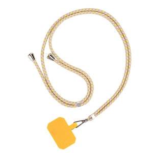 Adjustable beige and yellow checkered phone lanyard with silver metal clips and yellow pad