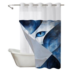 Detail of waffle weave shower curtain with blue psychedelic cat-eye art print
