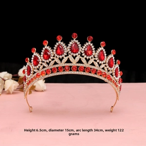 Corona barocca dorata con gemme rosse e strass, altezza 6,5 cm e diametro 15 cm