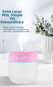 Detail of pink and white mini USB humidifier with LED light and nano mist spray
