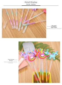 Detail display of rainbow gel pens with clear barrel and cute cartoon animal toppers