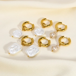 Baroque Imitation Artificial Pearl Drop Hoop Earrings 18K Gold Plated Stainless Steel Hypoallergenic Waterproof Elegant Jewelry For Women