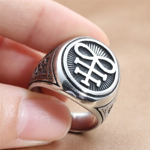 Vintage stainless steel Leviathan Cross skull ring for men with black enamel background