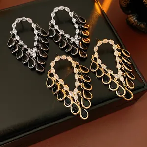 Water Drop Tassel Earrings With Black Gemstone Zircon Copper Base And Silver Earring Post Luxurious Fashion Jewelry