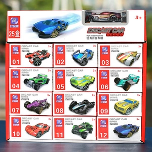 Retail display box of 25 miniature diecast alloy racing cars in various colors and styles