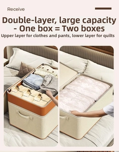 Dual-layer storage bin detail with top clothes section and deep bottom quilt compartment