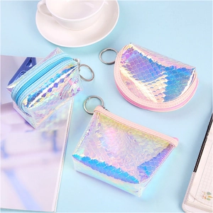 Chic holographic fish scale PVC mini coin purses in pink and purple with metal keychains